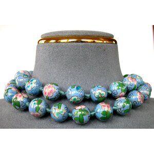Handcrafted Cloisonné Floral Bead Necklace With Gold-Tone Ornate Clasp 18" Lengt